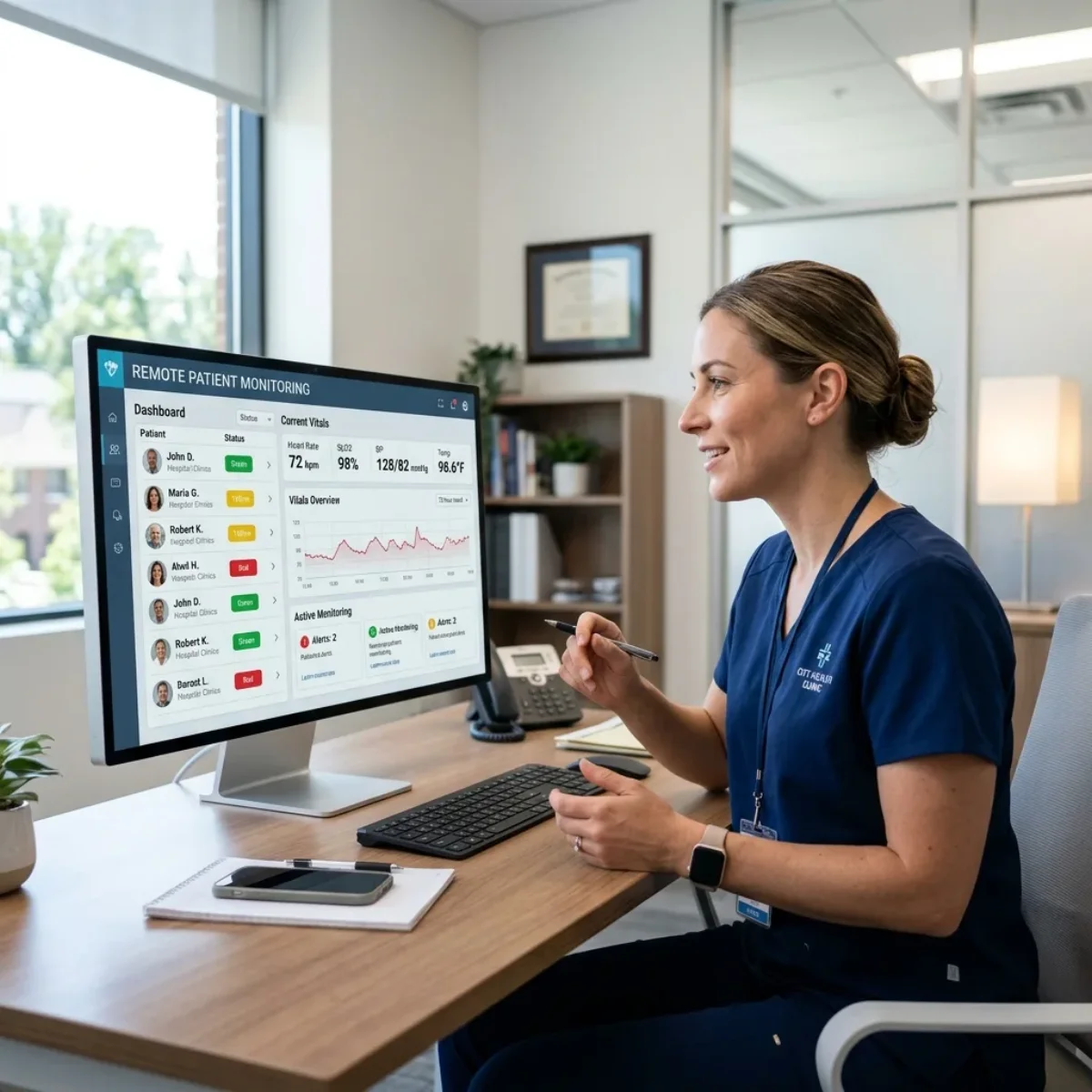 Clinician at a desk reviewing a remote patient monitoring dashboard showing heart rate, oxygen level, and blood pressure trends.